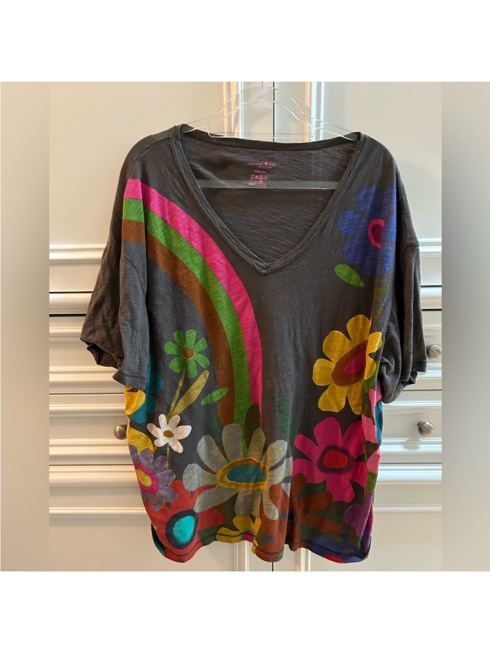NATURAL LIFE Gray V-Neck Oversized Tee with Multicolor Rainbow & Floral Print